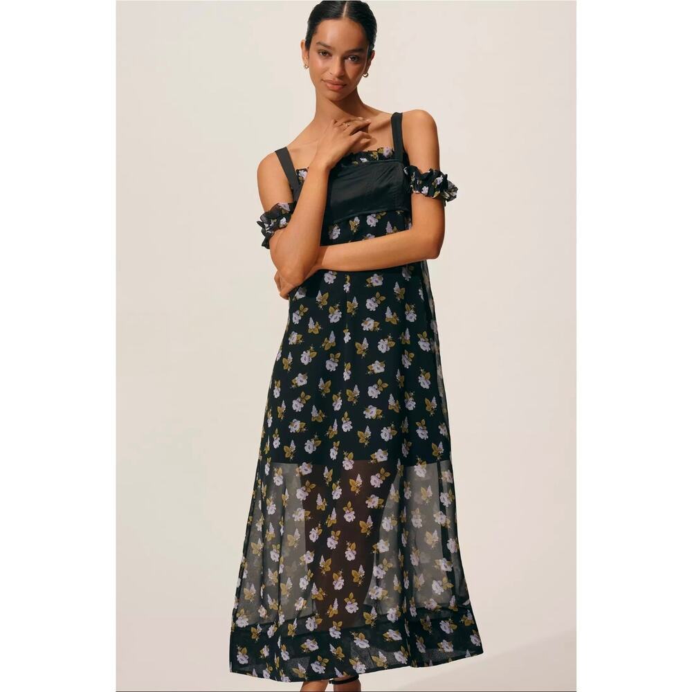 NWT Maeve Square-Neck Sheer Floral Midi Dress. Size S. Retails $178